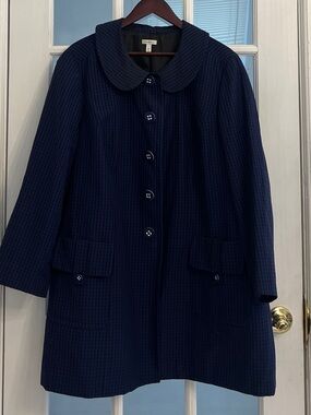 SEMANTIKS Women’s Silk Linen Blend Navy Blue Gingham Button Front Long Coat 18W